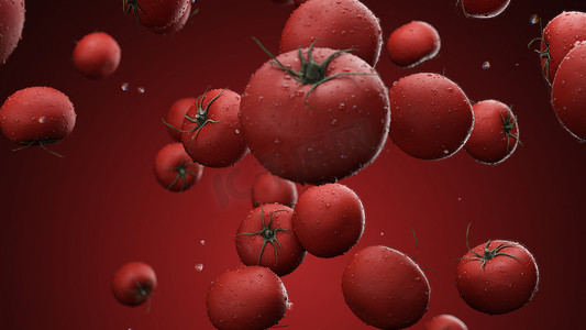 蔬菜落摄影照片_红色背景上带水滴的 3d 渲染落西红柿