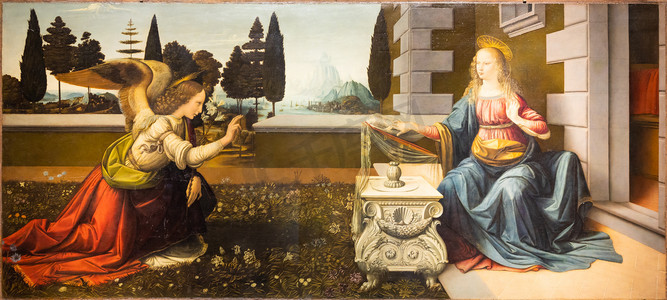 贺报喜报摄影照片_意大利佛罗伦萨 - 2021 年 6 月左右：达芬奇，报喜，1475 - 木头油画。