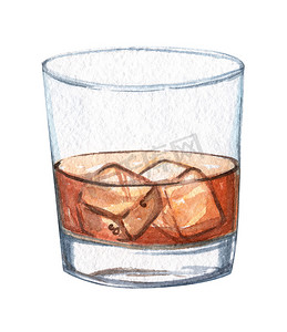 手绘饮料摄影照片_水彩威士忌玻璃与冰隔离在白色背景。