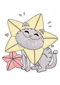 有趣的灰猫，带星形枕头，钩针