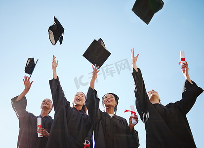 毕业、学生和教育目标成功庆祝与快乐的妇女兴奋的胜利帽子投掷。