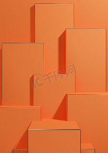 霓虹橙色、明亮的红色 3D 渲染简单、最小、几何背景产品展示基座金色线条用于奢侈品产品广告壁纸模板