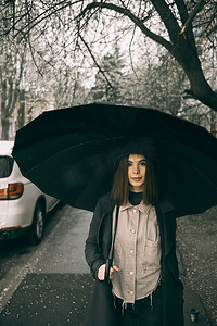 带伞的女孩摄影照片_情感肖像，带伞的女孩，情感 — 对惊喜、恐惧的反应