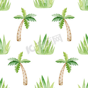 水彩绿草和棕榈树在白色背景上的无缝图案。