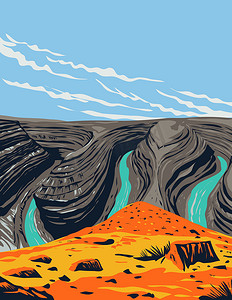鹅颈州立公园俯瞰美国犹他州墨西哥帽附近圣胡安河的蜿蜒 WPA 海报艺术
