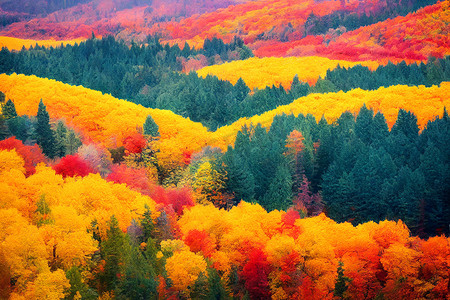 黄色秋季背景摄影照片_3D 插图，选择性聚焦，模糊，多彩的秋季森林景观高清壁纸。