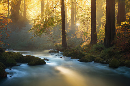 平静的河流流经红杉林，晨光和秋天斑驳的阳光。