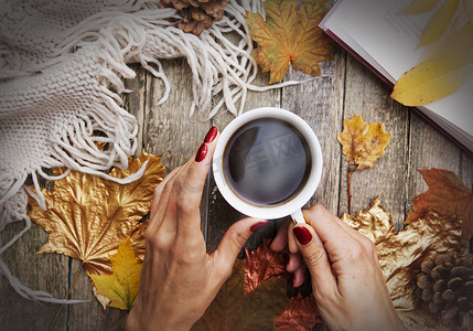 秋季布局：女孩手中的热咖啡，一本书，金色的秋叶，一件针织衫，一件格子