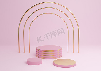 淡淡的、柔和的、淡紫色的粉红色 3D 渲染简单的产品展示圆筒讲台，带有豪华的金色拱门和线条三站最小背景抽象组合