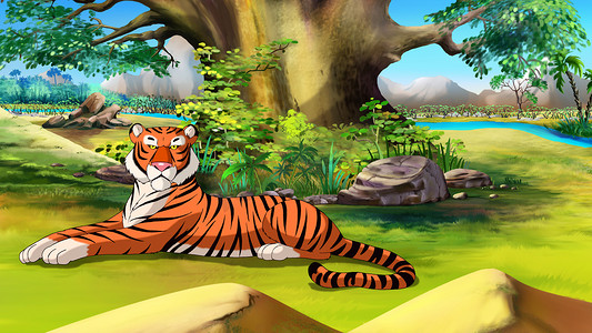 大老虎躺在树下