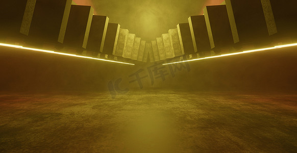 黑色舞台墙摄影照片_金色未来派室内抽象简约背景 3D 渲染