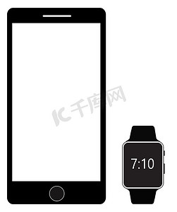 电话图标矢量摄影照片_白色背景上的智能手机和数字智能手表图标。