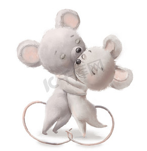 可爱老鼠摄影照片_两只毛茸茸的灰色小老鼠正在接吻。