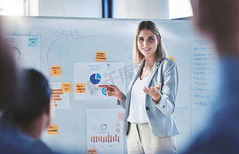 销售女性、营销和财务演示在白板上进行商务会议、研讨会规划和团队领导导师。