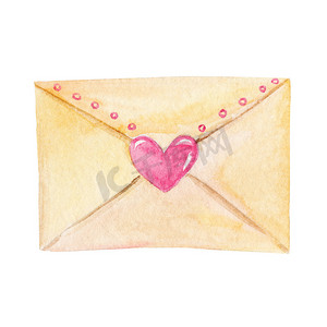字母装饰摄影照片_水彩黄色纸信封，上面有字母和粉红色的心，在情人节的白色背景中被隔离