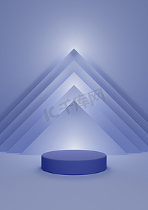 浅色、柔和的蓝色 3D 插图，简单、最小的产品展示，带有一个圆柱体支架，带有抽象金字塔三角形，背景顶部有灯光