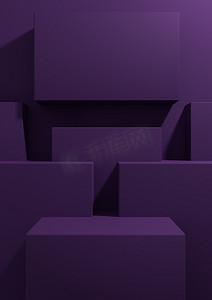 深紫色、紫色 3D 渲染产品展示背景简单、简约、几何壁纸，带讲台支架，用于产品摄影或广告演示模板