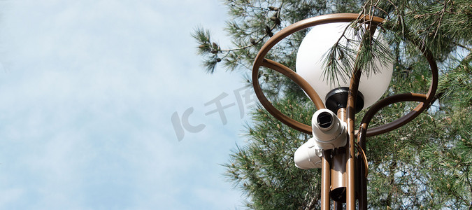 路灯控制摄影照片_树和天空背景下安装有两个视频监控摄像头的路灯