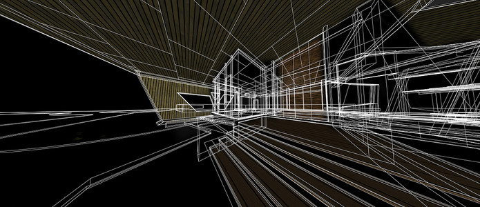 建筑房屋空间 3D 透视白色线框渲染隔离黑色背景计算机技术