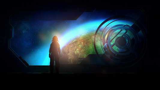 宇航员在绕地球运行的宇宙飞船上，3D 渲染。