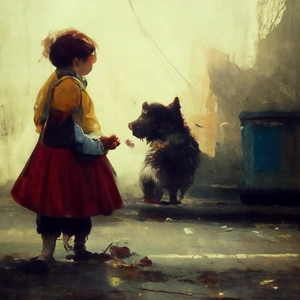 小胖女孩在街上和狗玩耍