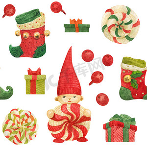 圣诞无缝水彩图案，白色上有丝袜、棒棒糖和礼物
