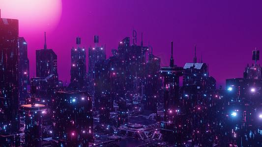 红色紫色蓝色光霓虹灯摩天大楼赛博朋克城市壁纸背景 3d 插图