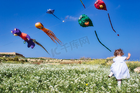一个小女孩跑过田野，风筝在晴朗的蓝天上飞翔