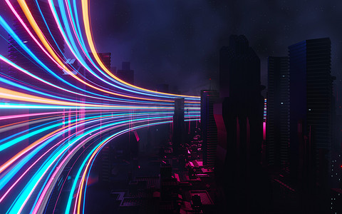 城市朋克摄影照片_网络朋克之夜城市景观概念的 3d 渲染。