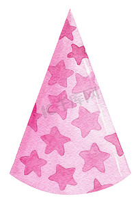 水彩星星摄影照片_水彩粉红色生日锥形帽子与星星隔离在白色背景。