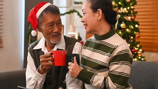 圣诞假期，恩爱的老年夫妇喜欢在沙发上一起喝热巧克力