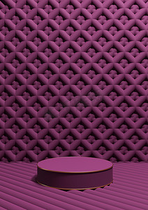深洋红色、紫色 3D 渲染豪华产品展示垂直产品摄影单筒讲台站金线和装饰壁纸或背景简单、最小的构图