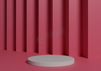 简单、最小的 3D 渲染组合与一个白色圆柱讲台或站在抽象浅红色背景上用于产品展示