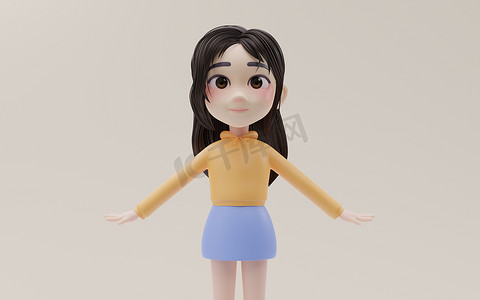 卡通风格的小女孩，3d 渲染。