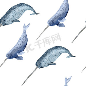鲸水彩摄影照片_手绘水彩无缝图案与独角鲸。