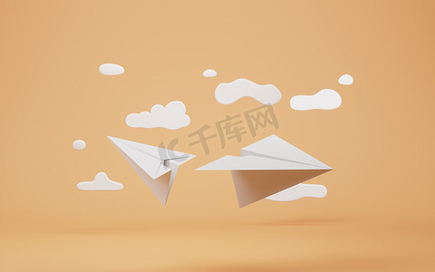 卡通纸飞机摄影照片_纸飞机与卡通风格，3D 渲染。