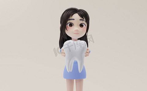 小女孩展示卡通风格的牙齿模型，3D 渲染。