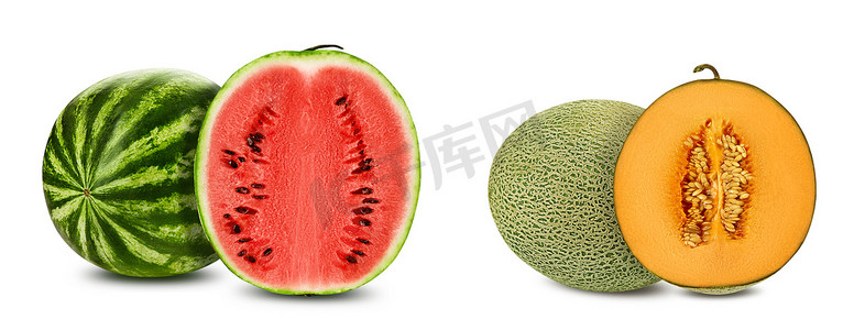 哈密瓜摄影照片_绿色西瓜和哈密瓜，横截面有两半，隔离在白色，复制空间。