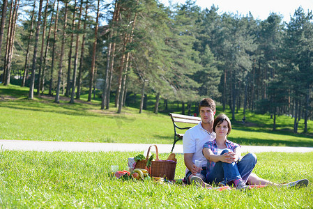 快乐的年轻夫妇在户外野餐
