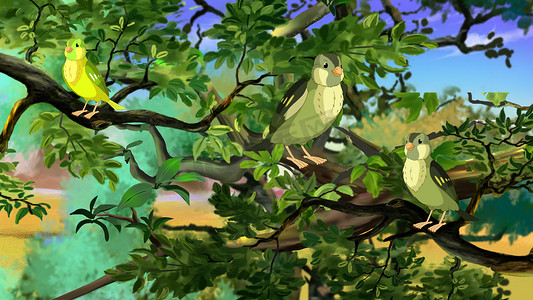 森林插图中的绿鸟