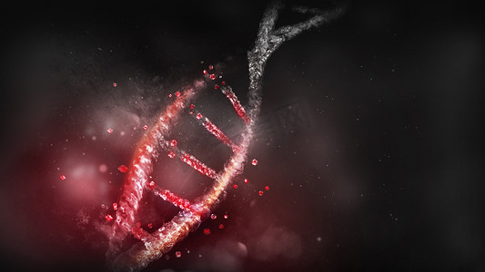 在黑暗背景下破坏 DNA 模型，3D 渲染。