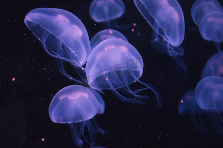一群紫色箱形水母在黑暗的水中发光