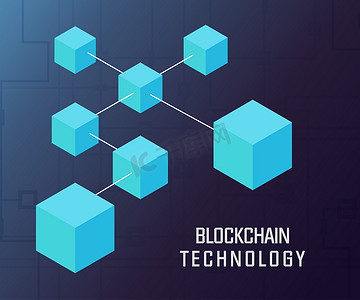 图标线性图标摄影照片_块链矢量概念蓝色线性图标-加密货币抽象创意符号在深色背景上的轮廓风格