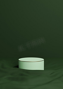 金线摄影照片_深、暖绿色 3D 渲染最小产品展示一个豪华圆柱讲台或站在波浪纺织产品背景壁纸抽象构图与金线