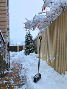 从房子院子里的人行道上铲雪：雪中的铲子