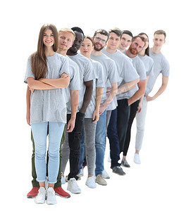 诚信建设摄影照片_一群身穿灰色 T 恤的年轻人站成一排