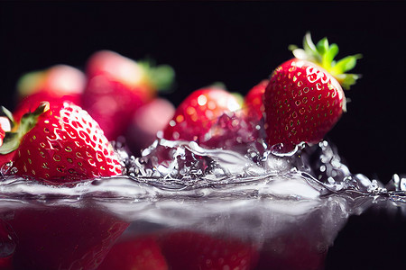 3D 渲染草莓在水溅隔离在黑色背景上