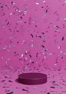 明亮的洋红色、霓虹粉红色 3D 渲染产品展示底座展台周年纪念产品，用五彩纸屑围绕讲台庆祝，金色线条为奢侈品简单、最小的背景