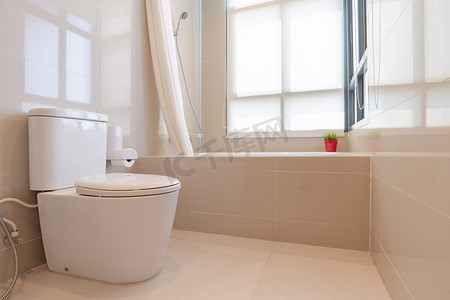 卫生间装饰摄影照片_现代设计家庭浴室的内部配有淋浴和卫生间