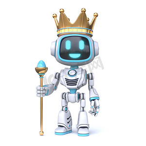 国王的权杖摄影照片_带皇冠的可爱蓝色机器人 King 机器人 3D